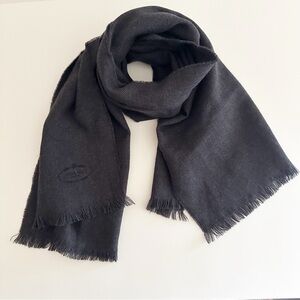 Prada Dark Gray Small Embroidered logo Fringed Edge Scarf